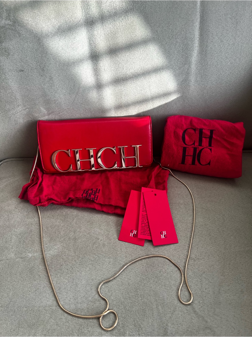 Carolina Herrera Red Leather Ch Ch Logo Crossbody
